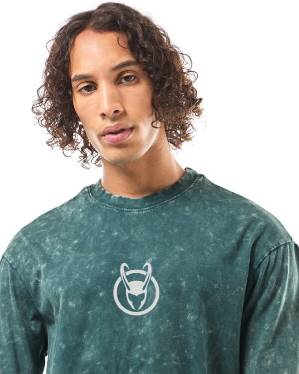Men's Green Loki Graphic Printed Oversized Acid Wash T-shirt - Image 2