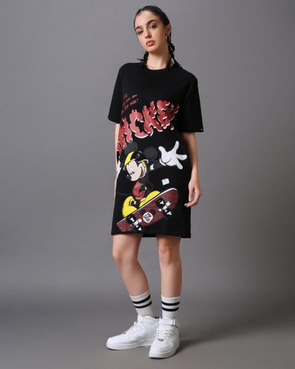 Women's Black Mickey Graphic Printed Oversized T-shirt Dress - Image 5