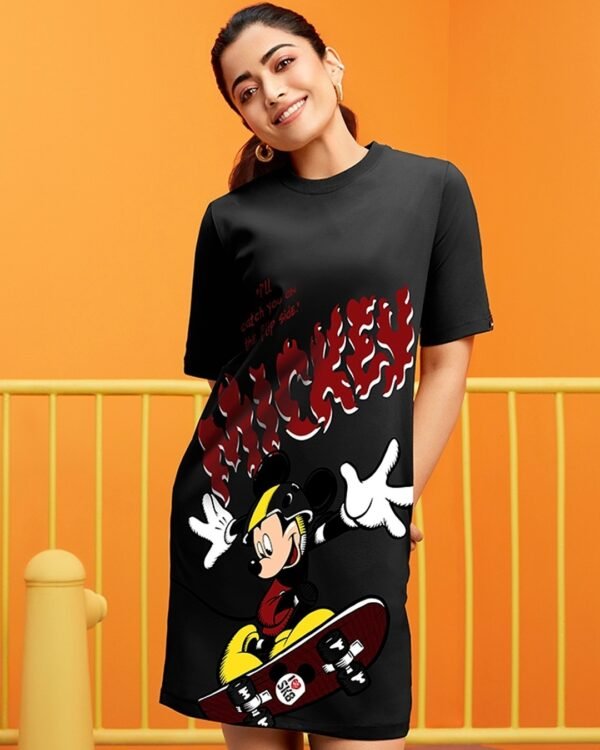 Women's Black Mickey Graphic Printed Oversized T-shirt Dress